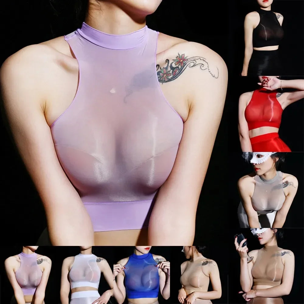 Sheer Tops Shiny Soft Womens Fashion Fashionable Glossy Bra Breathable Comfortable Crop Top Halter See-through