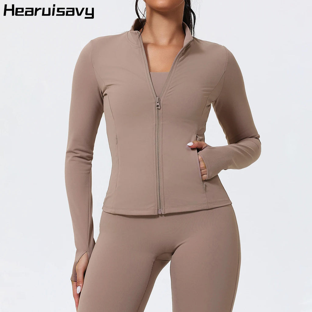 Hearuisavy Running Long Sleeve Sports Jacket Windproof Woman Warm Fitness Tops Gym Slim Fit Pilates Yoga Coat With Zipper Female