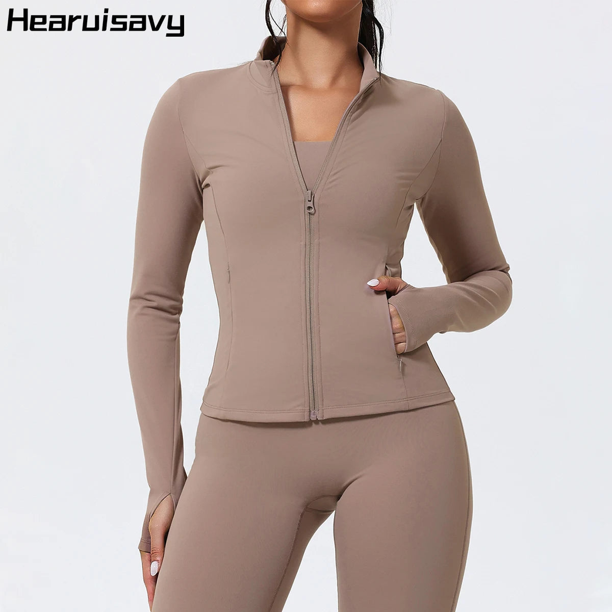 Hearuisavy Running Long Sleeve Sports Jacket Windproof Woman Warm Fitness Tops Gym Slim Fit Pilates Yoga Coat With Zipper Female