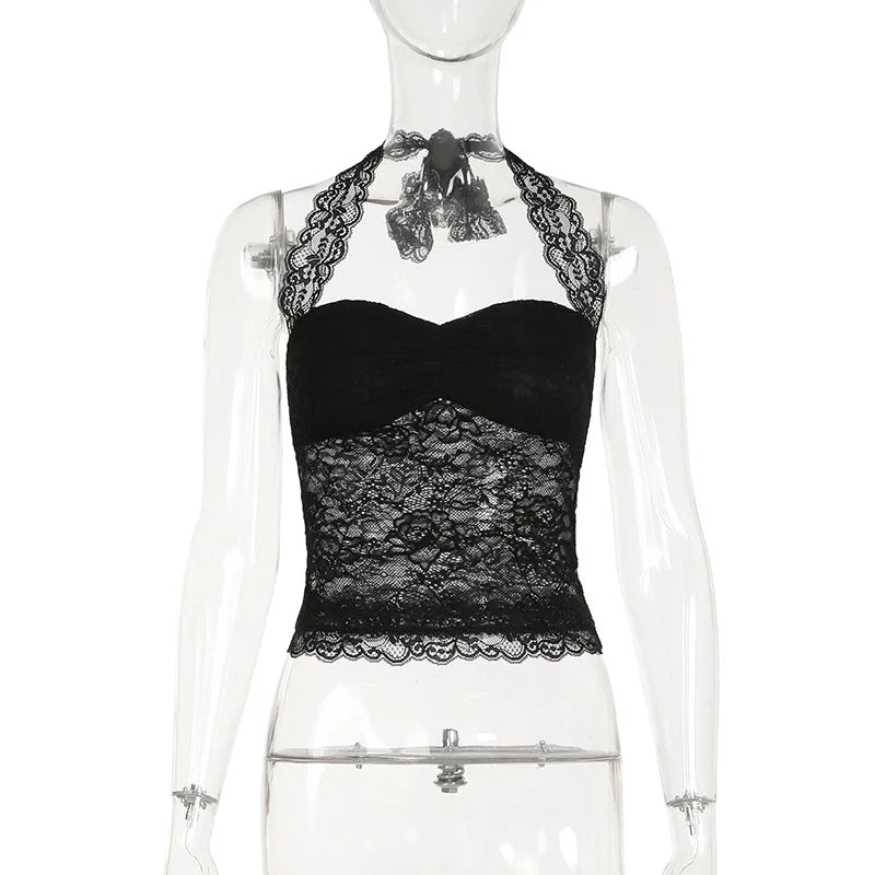 Women's Halter Crop Tops Stylish Solid Sheer Lace Floral Pattern Sleeveless Lace Tank Tops Perfect for Summer Halter Neck Tops