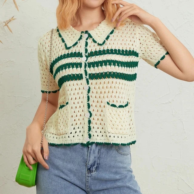 Women's Short Sleeve Knitted Crop Tops Turn-Down Collar Striped Pattern Beach Tops Hollow-Out Street Style Knitwear