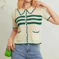 Women's Short Sleeve Knitted Crop Tops Turn-Down Collar Striped Pattern Beach Tops Hollow-Out Street Style Knitwear