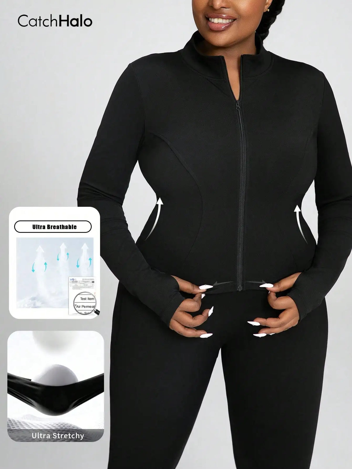 Plus Size Sports Jacket Women Full Zip Slim Fit Fitness Top Thumb Holes Breathable Knit Yoga Coat Gym Workout Activewear