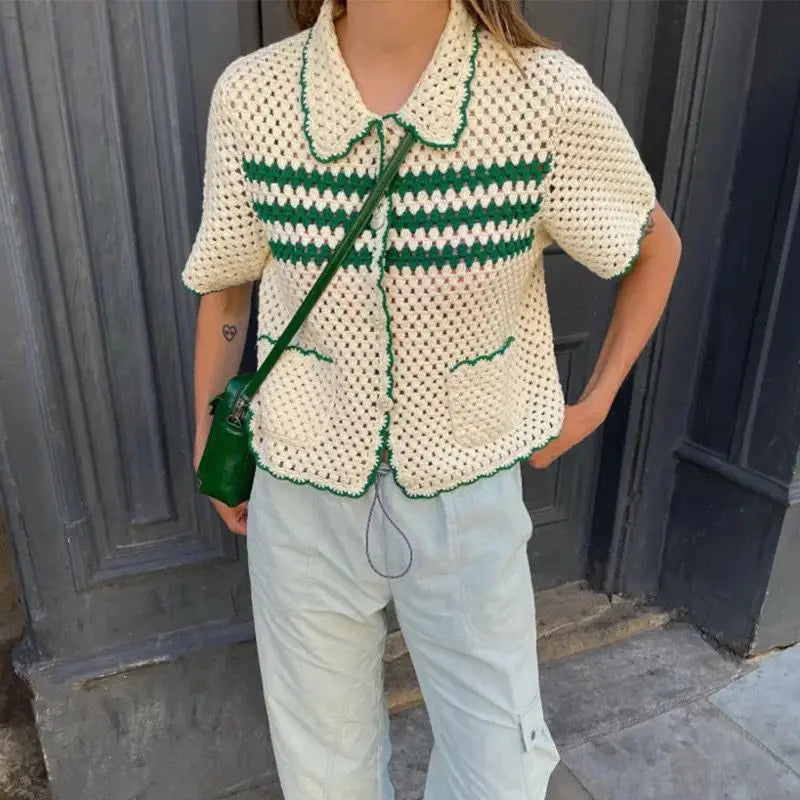 Women's Short Sleeve Knitted Crop Tops Turn-Down Collar Striped Pattern Beach Tops Hollow-Out Street Style Knitwear