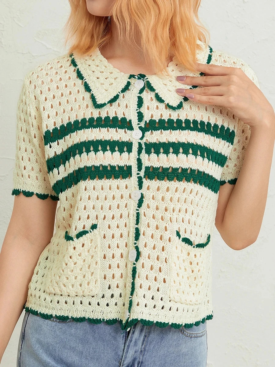 Women's Short Sleeve Knitted Crop Tops Turn-Down Collar Striped Pattern Beach Tops Hollow-Out Street Style Knitwear