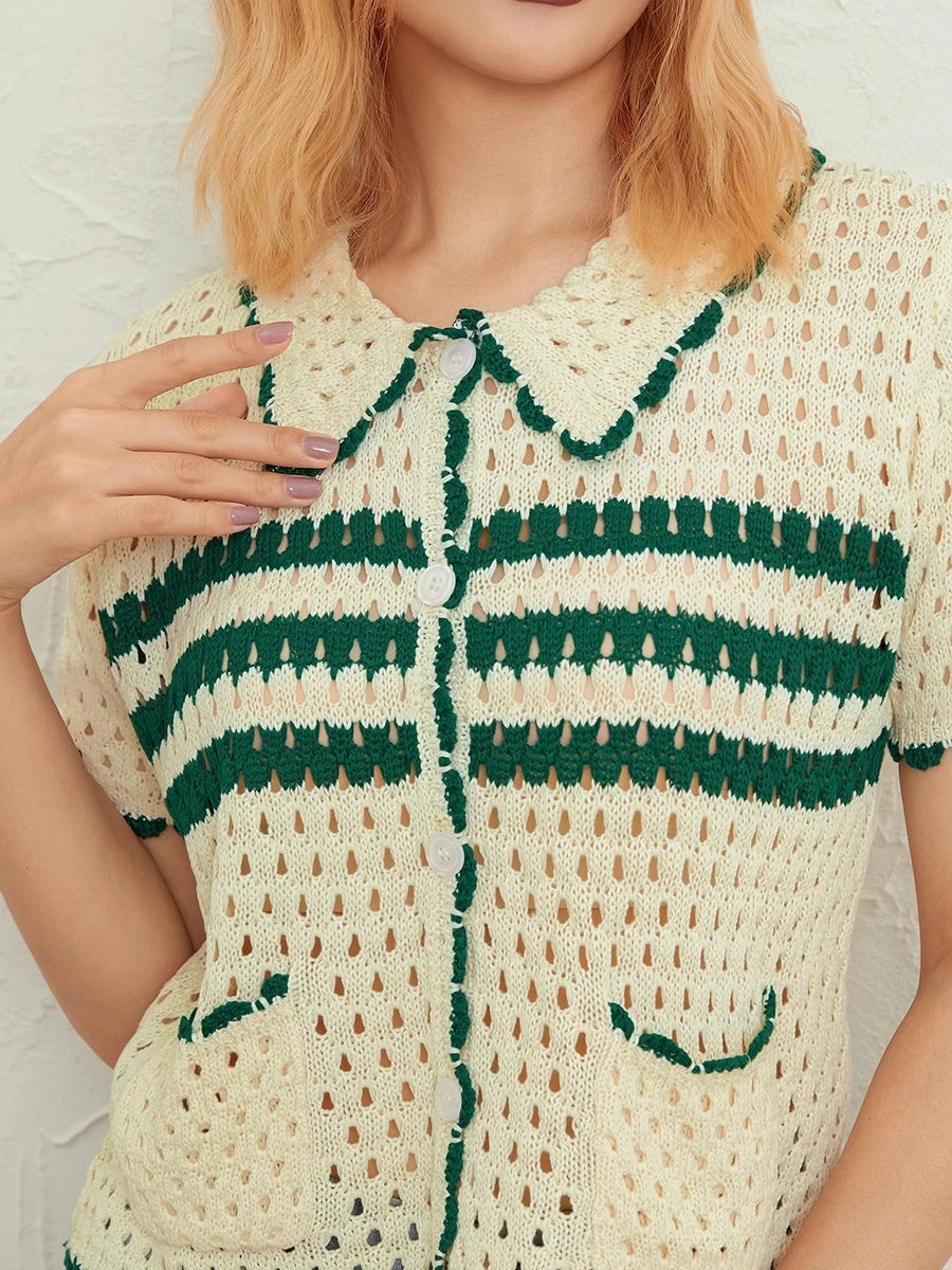 Women's Short Sleeve Knitted Crop Tops Turn-Down Collar Striped Pattern Beach Tops Hollow-Out Street Style Knitwear