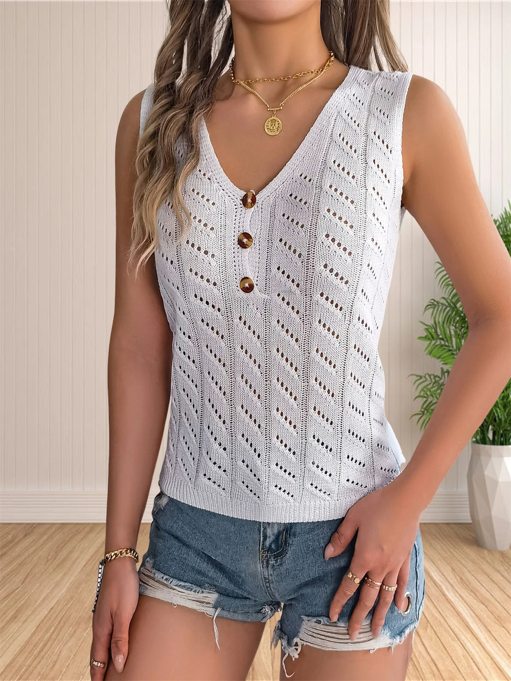Crochet Tank Tops for Women Fashion 2024 V Neck Sleeveless Sweaters Vest Cropped Summer Lightweight Knit Tops