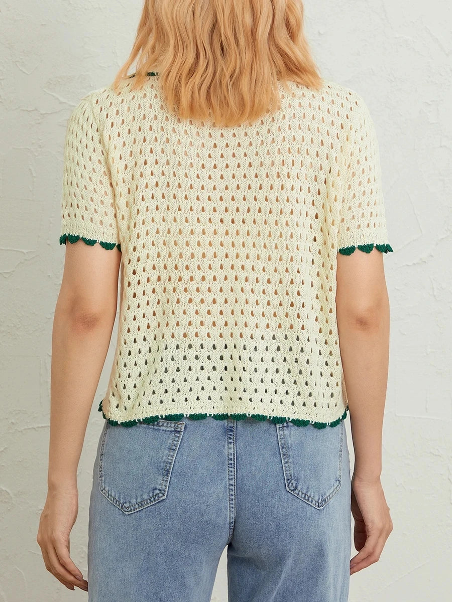 Women's Short Sleeve Knitted Crop Tops Turn-Down Collar Striped Pattern Beach Tops Hollow-Out Street Style Knitwear