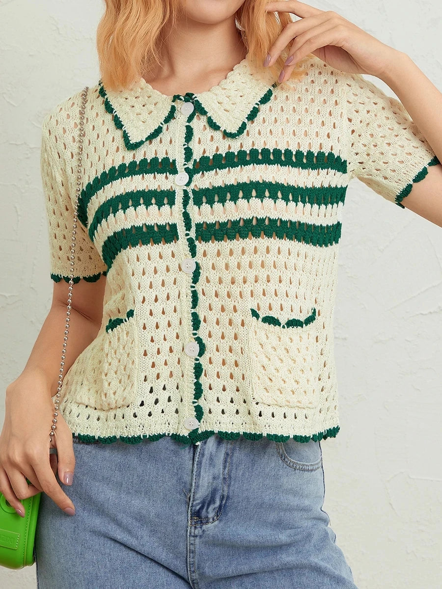 Women's Short Sleeve Knitted Crop Tops Turn-Down Collar Striped Pattern Beach Tops Hollow-Out Street Style Knitwear