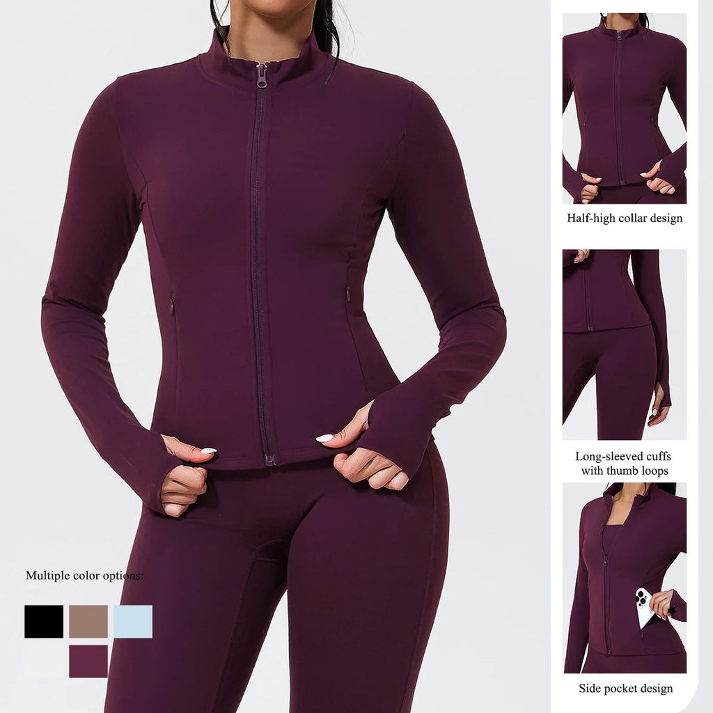 Hearuisavy Running Long Sleeve Sports Jacket Windproof Woman Warm Fitness Tops Gym Slim Fit Pilates Yoga Coat With Zipper Female