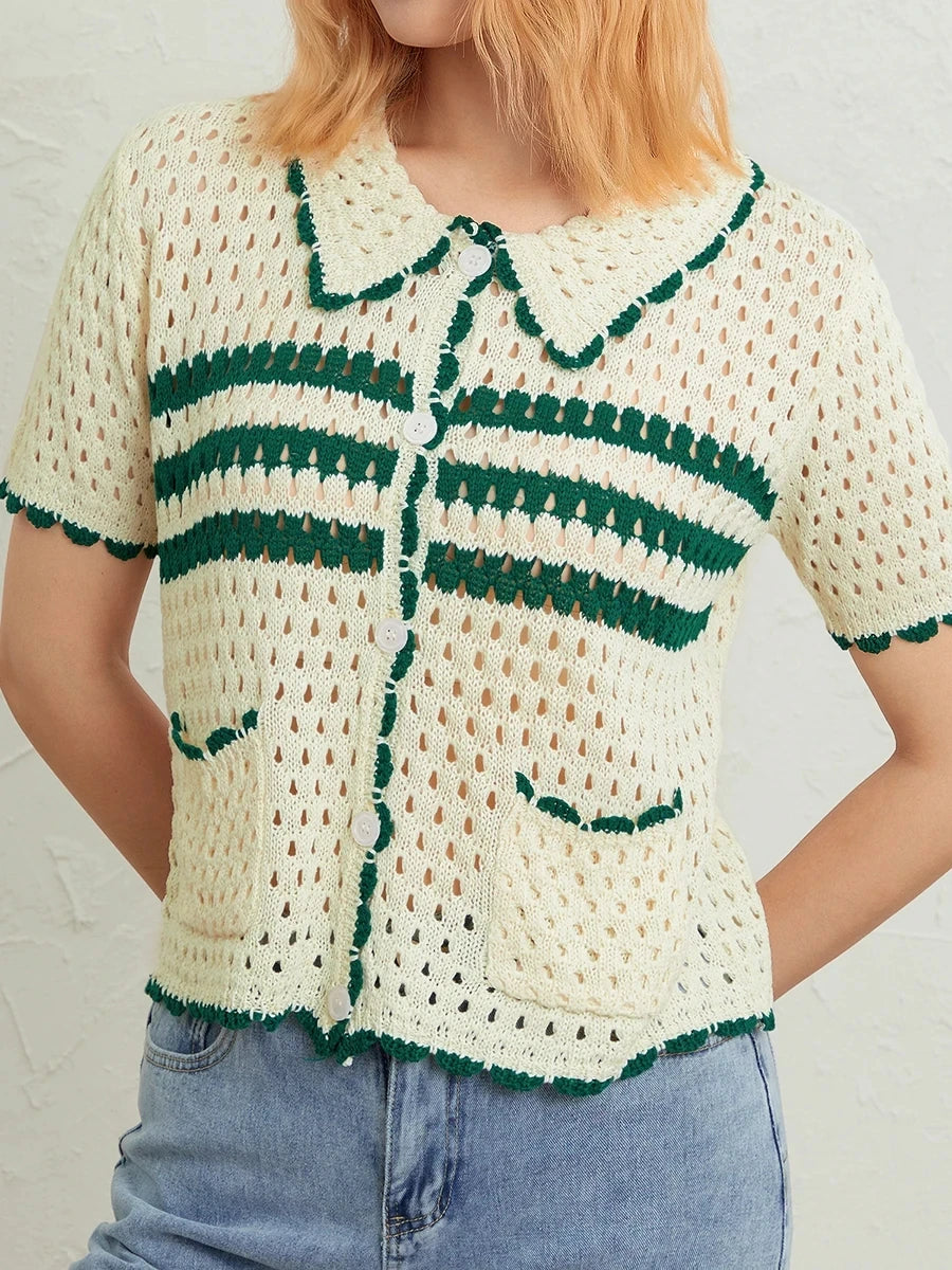 Women's Short Sleeve Knitted Crop Tops Turn-Down Collar Striped Pattern Beach Tops Hollow-Out Street Style Knitwear