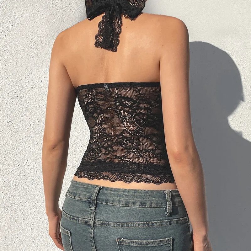 Women's Halter Crop Tops Stylish Solid Sheer Lace Floral Pattern Sleeveless Lace Tank Tops Perfect for Summer Halter Neck Tops
