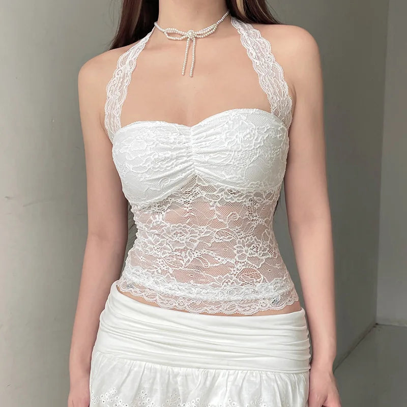 Women's Halter Crop Tops Stylish Solid Sheer Lace Floral Pattern Sleeveless Lace Tank Tops Perfect for Summer Halter Neck Tops
