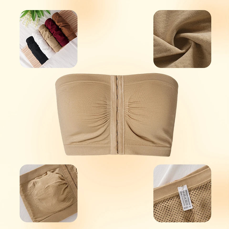 Women's Plus Size Strapless Front Closure Bandeau Bra Seamless Wireless Bralette Tube Top Non-Slip Everyday Brassiere