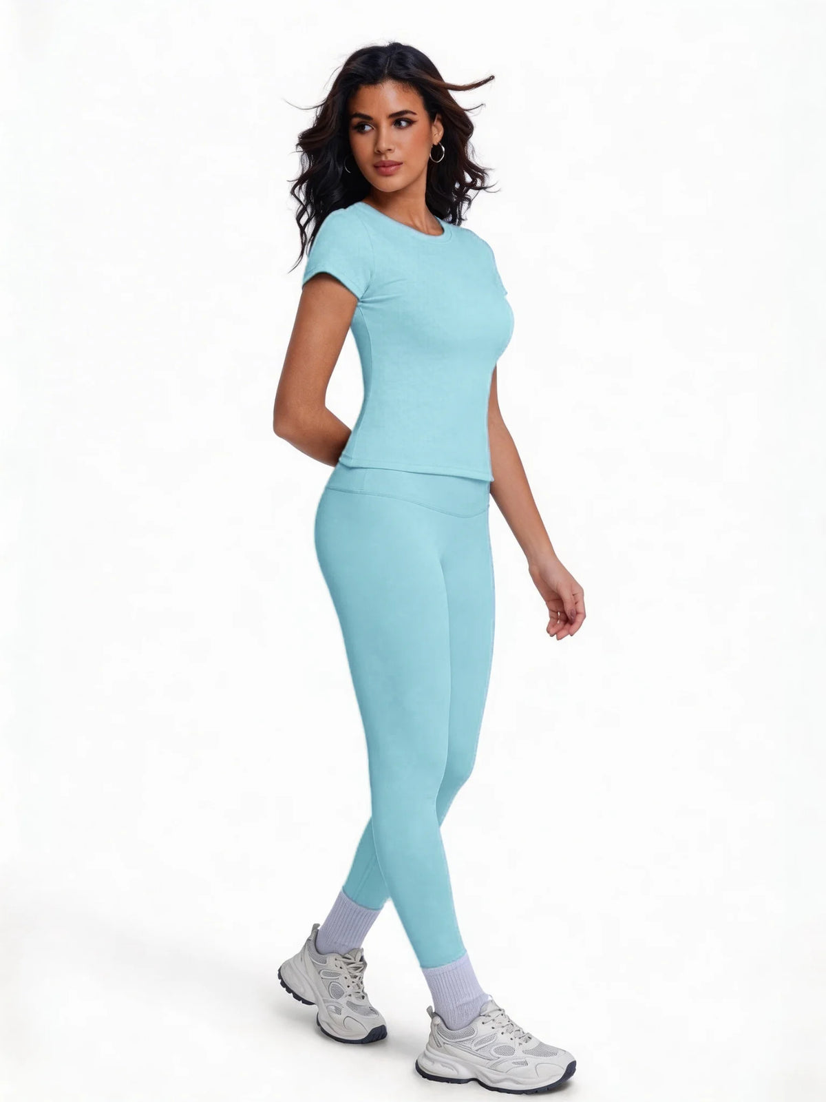 Women's 2 Piece Workout Set, Ultra-Soft Short Sleeve T-Shirt & High Waist Leggings, Seamless Butt Lifting Yoga Outfit for Gym, R