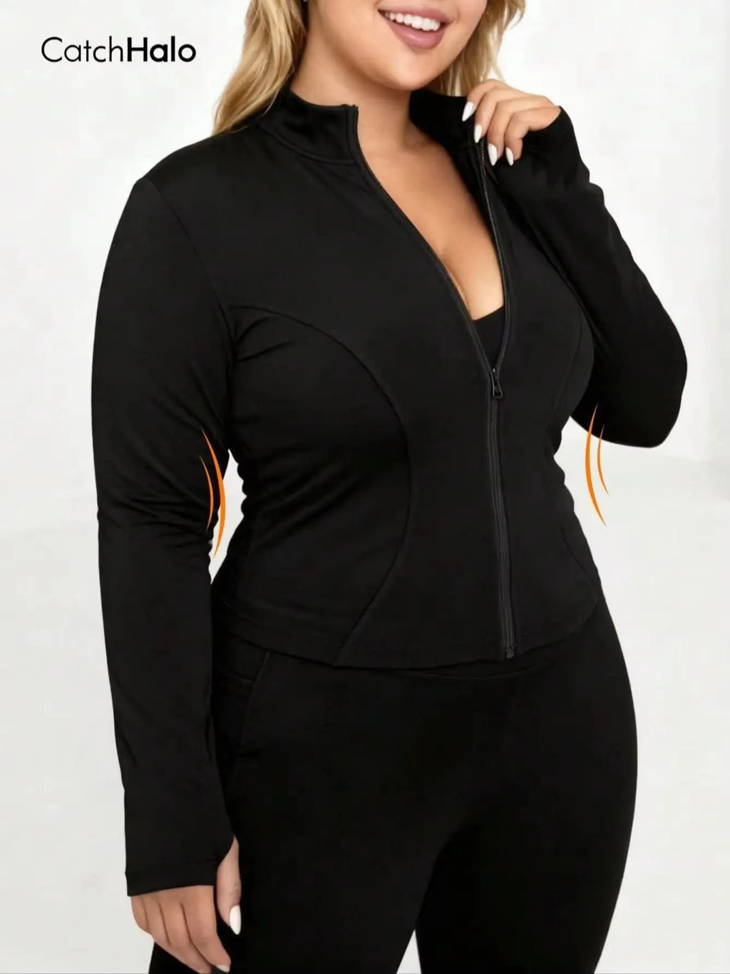 Plus Size Sports Jacket Women Full Zip Slim Fit Fitness Top Thumb Holes Breathable Knit Yoga Coat Gym Workout Activewear