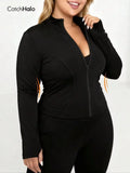 Plus Size Sports Jacket Women Full Zip Slim Fit Fitness Top Thumb Holes Breathable Knit Yoga Coat Gym Workout Activewear