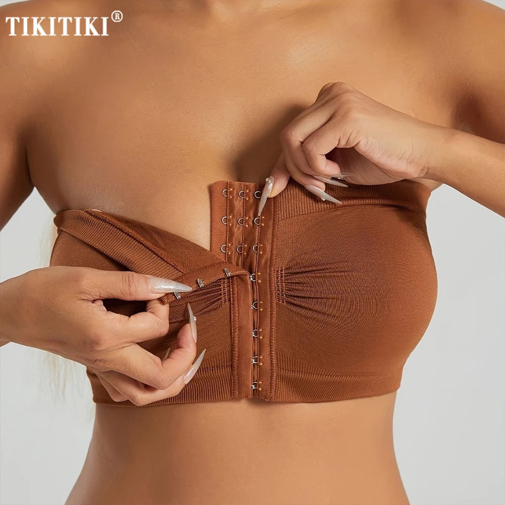Women's Plus Size Strapless Front Closure Bandeau Bra Seamless Wireless Bralette Tube Top Non-Slip Everyday Brassiere