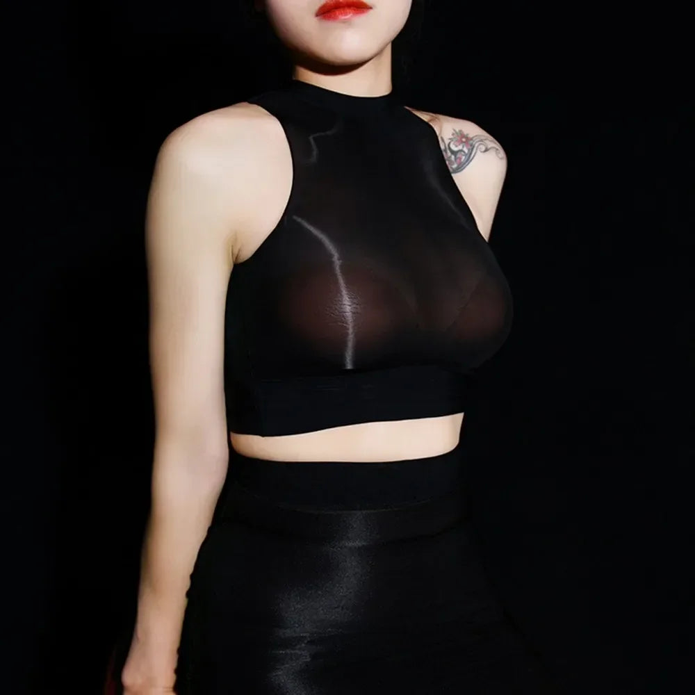 Sheer Tops Shiny Soft Womens Fashion Fashionable Glossy Bra Breathable Comfortable Crop Top Halter See-through